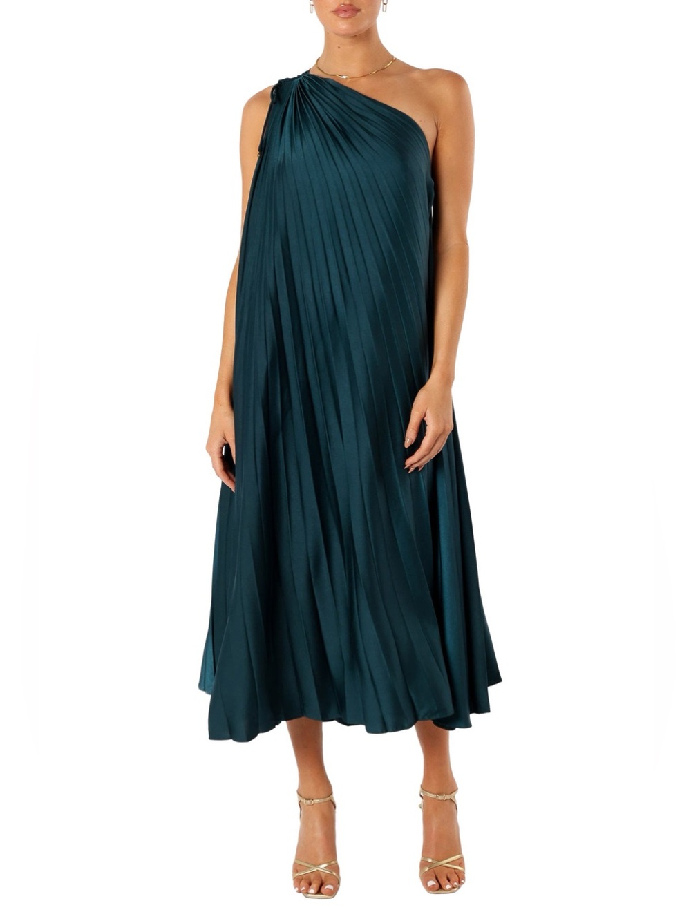 NWT Petal & Pup Women’s One-Shoulder Pleated Midi Dress in Teal Green Size M